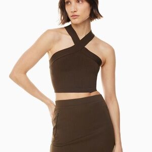 Babaton Dark Brown Cross-Neck Crop Top